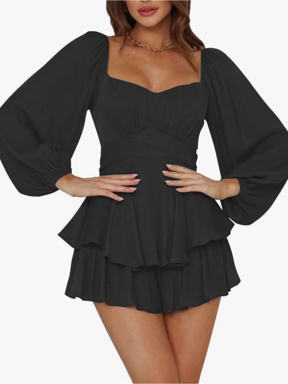 Square-Neck Black Tiered Jumpsuit with Puff Sleeves